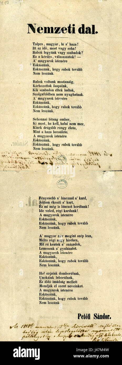 Nemzeti dal est un hymne national hongrois écrit par SÃ¡ndor PetÅ’fi, célébrant l’indépendance et la liberté de la Hongrie. C’est une œuvre symbolique et patriotique profondément enracinée dans l’identité culturelle de Hungaryâ€™, réalisée lors de célébrations nationales et d’événements historiques. Banque D'Images