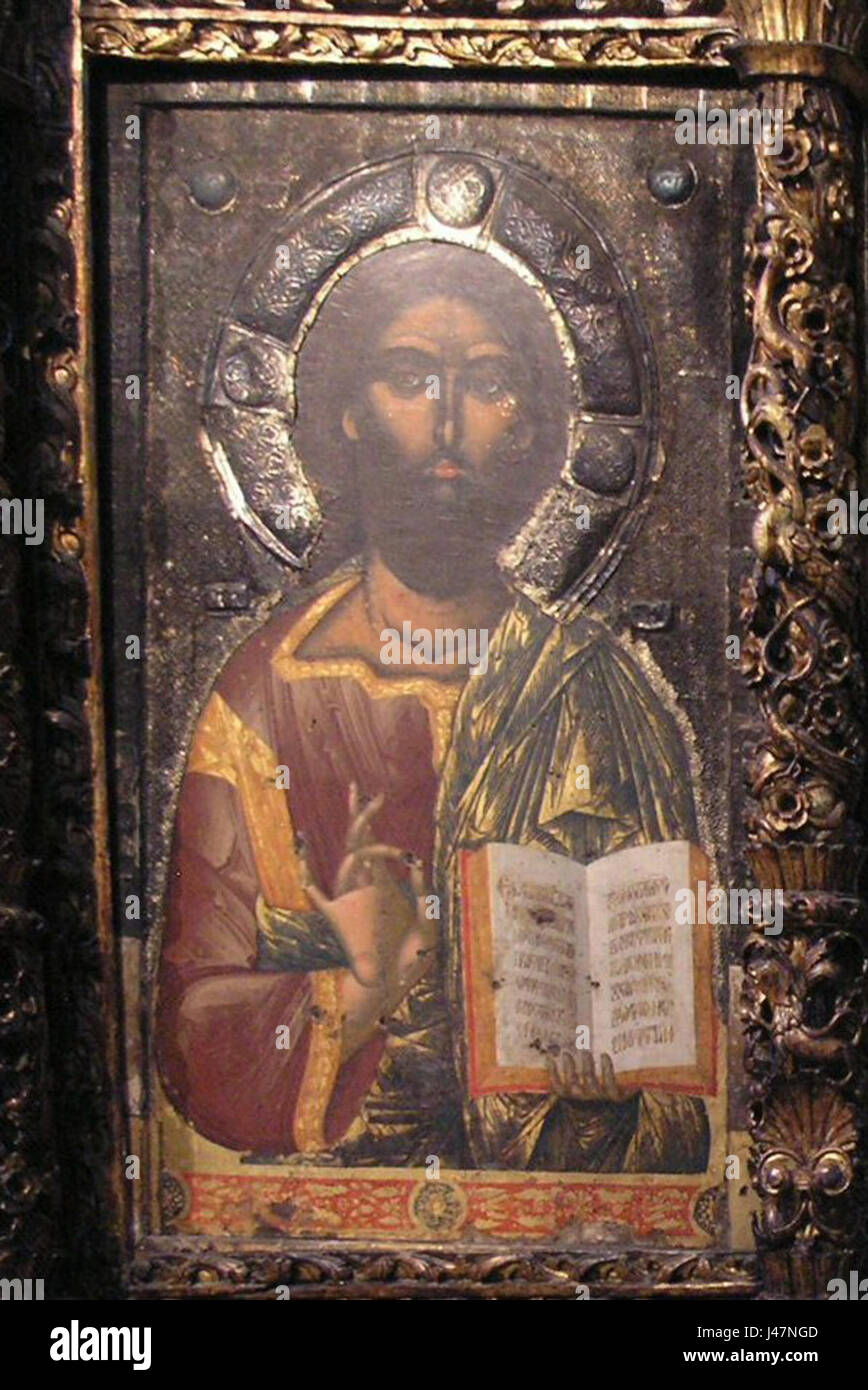 'Onufri Christus' fait référence à une peinture religieuse de l'iconographe albanais Onufri. Ses œuvres sont connues pour leurs couleurs vives et leurs thèmes spirituels, représentant des scènes bibliques avec une expression intense et une iconographie détaillée. Banque D'Images