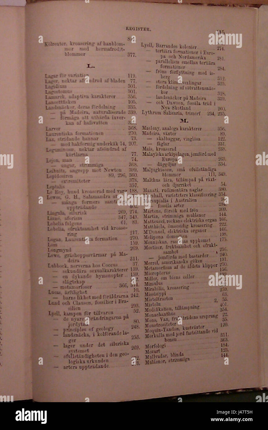 Om arternas uppkomst est le titre suédois de « on the Origin of Species » de Charles Darwin, un travail fondamental en biologie traitant de la théorie de l'évolution et de la sélection naturelle. Banque D'Images