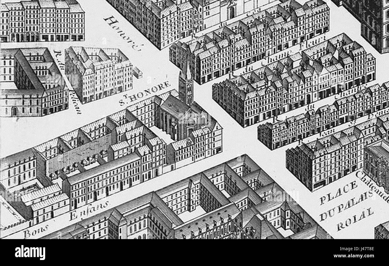La Collégiale Saint-HonorÃ© de Paris est représentée dans le plan Turgot, une carte historique du XVIIIe siècle montrant l'aménagement, l'architecture et les plans des rues de la ville. Banque D'Images