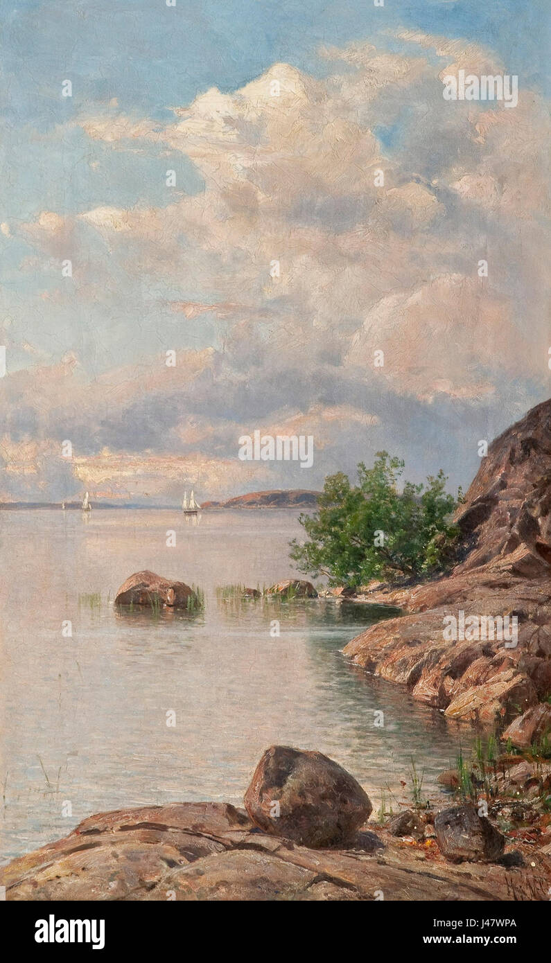 'Summer Day in the Archipelago' est une peinture de Musnterhjelm représentant une scène estivale sereine dans l'archipel suédois. L'œuvre capture la beauté naturelle et la tranquillité du paysage côtier. Banque D'Images