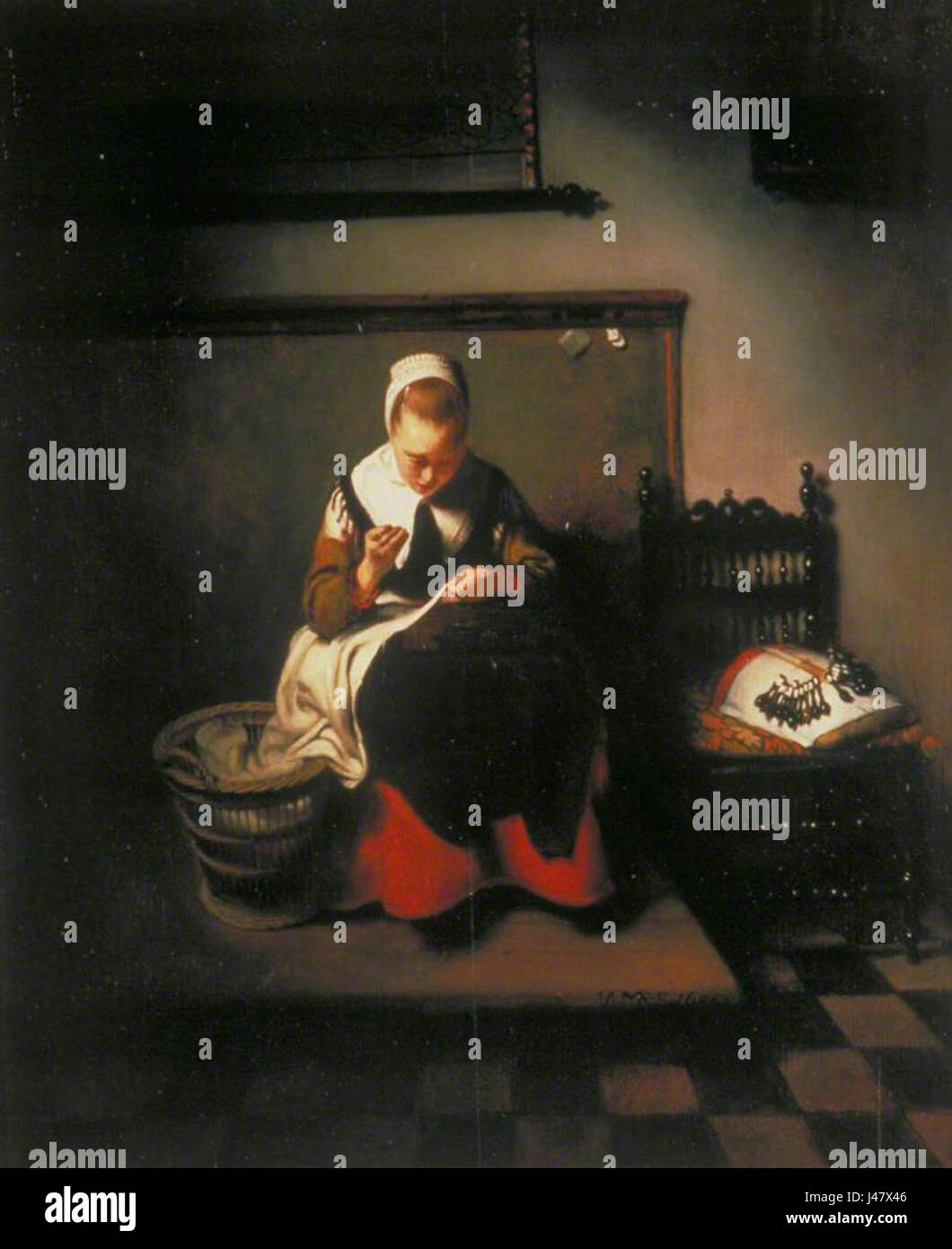 Nicolaes MAES, jeune femme Couture, 1655 Banque D'Images