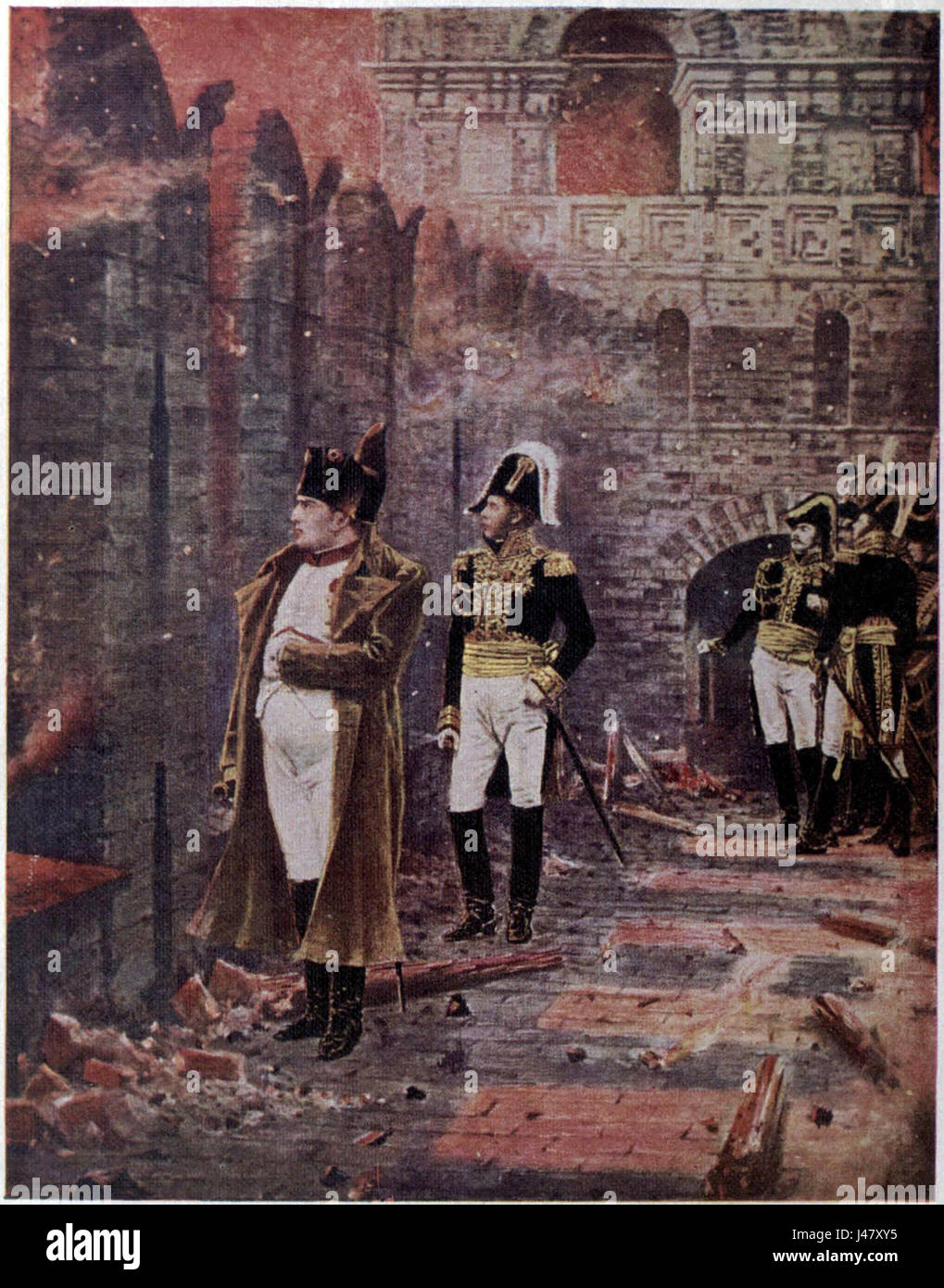Ce tableau historique représente Napoléon Bonaparte observant l'incendie dévastateur de Moscou en 1812, au cours de sa campagne de Russie malheureuse. Banque D'Images