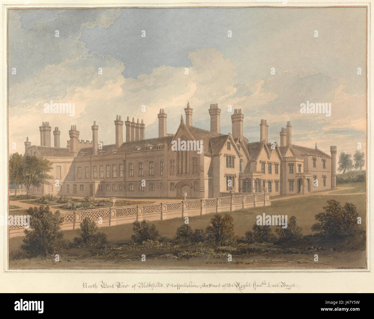 Cette peinture offre une vue nord-ouest de Blithfield, Staffordshire, le siège ancestral de Lord Bagot, mettant en valeur le paysage et la conception architecturale du domaine. Banque D'Images