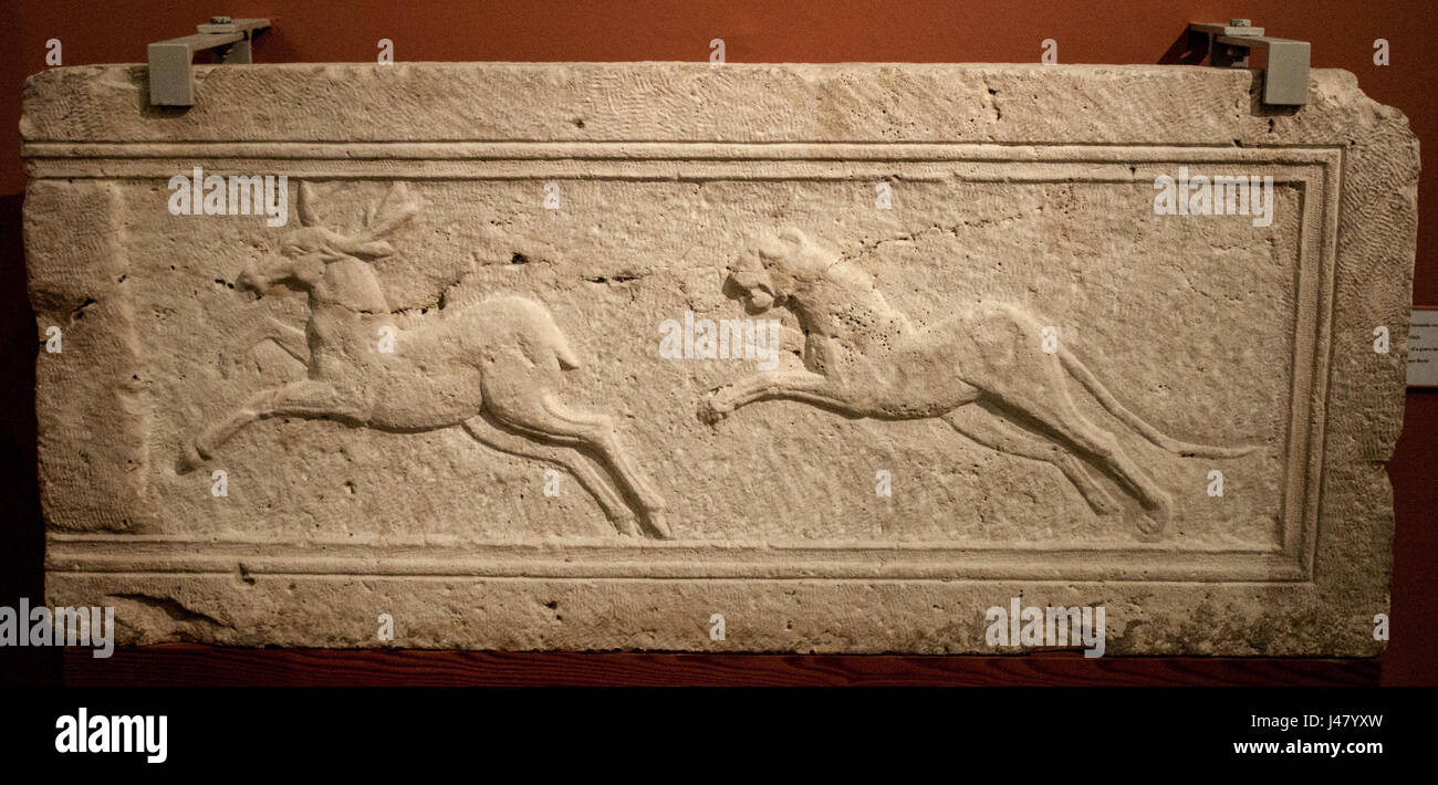 Cette peinture dynamique représente une panthère à la poursuite d'un cerf, symbolisant la nature sauvage de la prédation dans le règne animal et mettant en valeur l'action dramatique de la poursuite. Banque D'Images