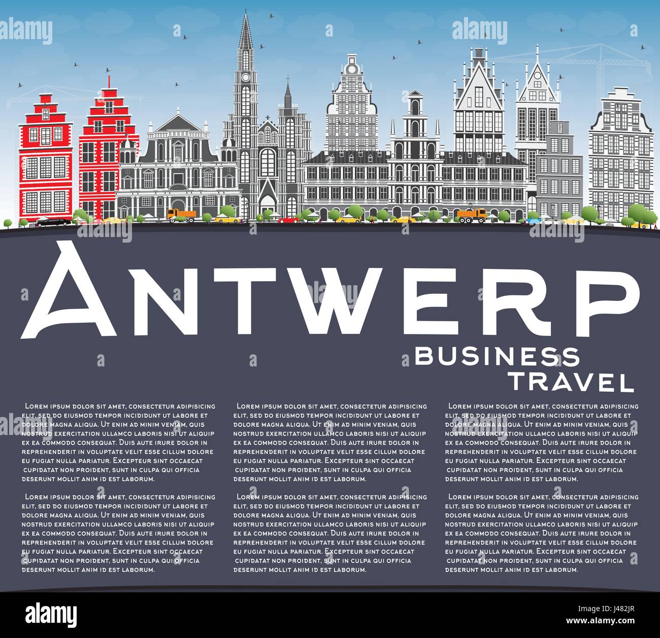 Anvers skyline avec bâtiments gris, bleu ciel et espace copie. vector illustration. Les voyages d'affaires et tourisme concept avec l'architecture historique. Illustration de Vecteur