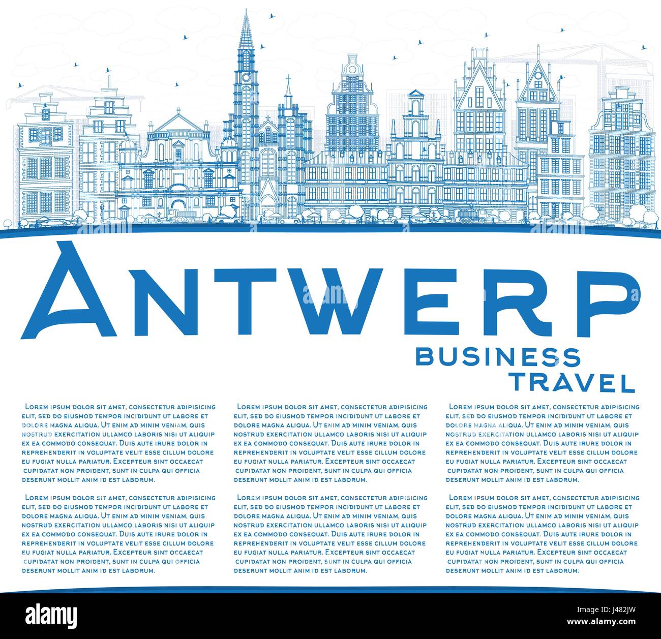 Anvers contour bleu horizon avec les bâtiments et l'espace de copie. Vector Illustration. Les voyages d'affaires et tourisme Concept avec l'architecture historique. Illustration de Vecteur