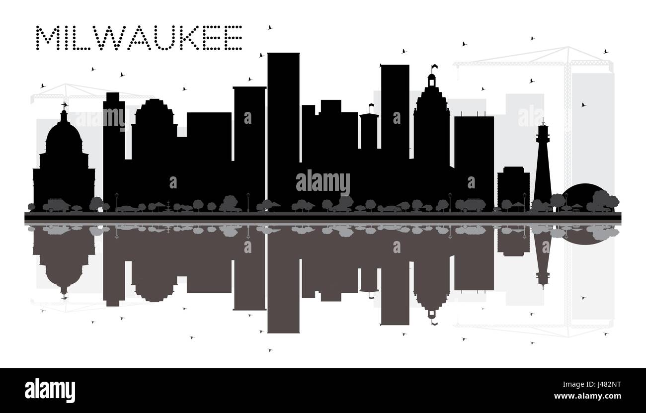 Milwaukee city skyline silhouette noir et blanc avec reflets. vector illustration. simple télévision concept pour tourisme présentation, bannière, un placard Illustration de Vecteur