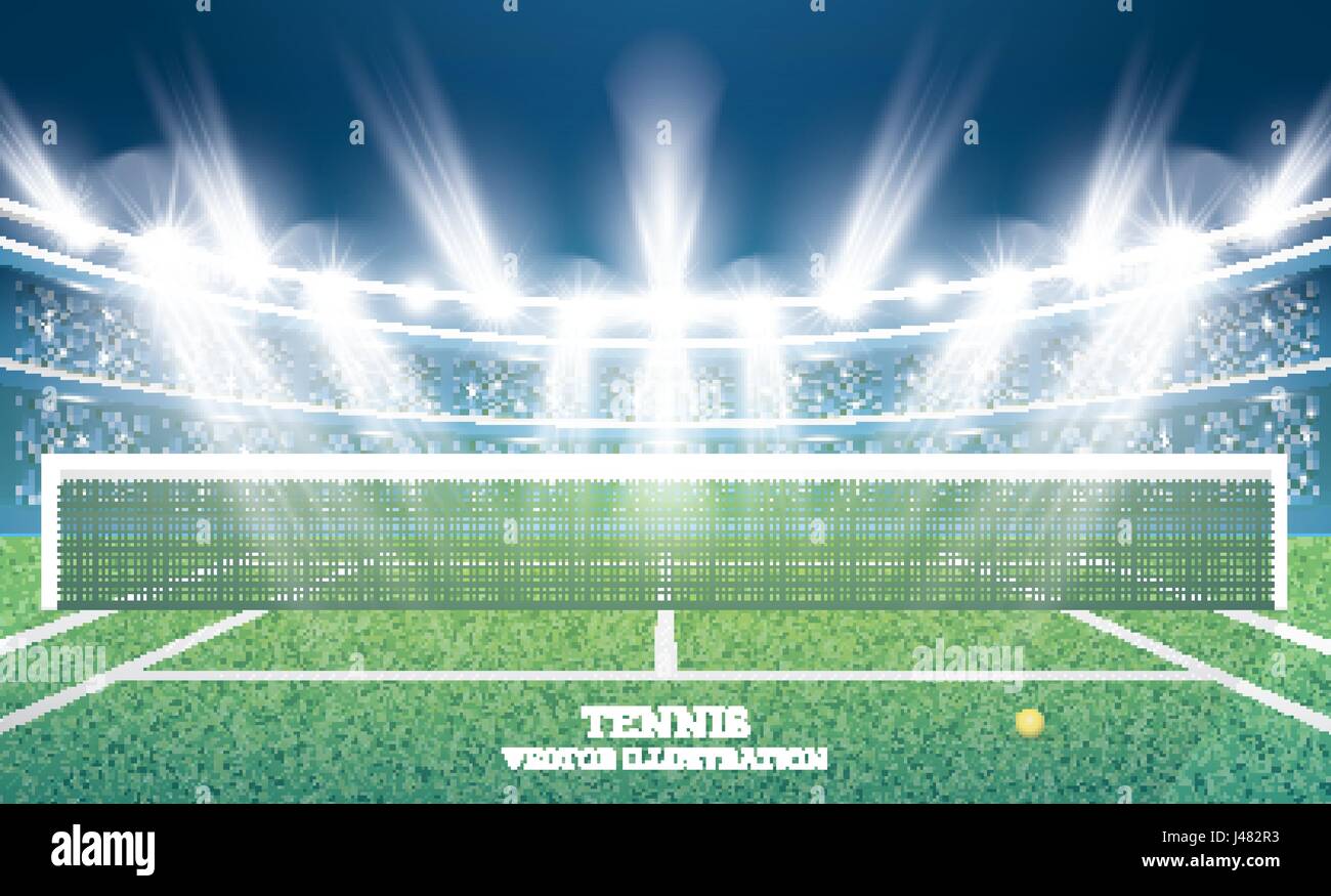 Court de tennis avec de l'herbe bien verte et des projecteurs. Vector Illustration. Illustration de Vecteur