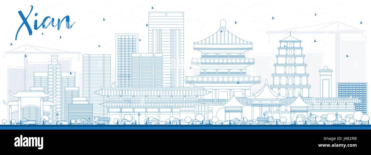 Xian contour bleu horizon avec les bâtiments. Vector Illustration. Les voyages d'affaires et tourisme Concept avec l'architecture historique. Illustration de Vecteur