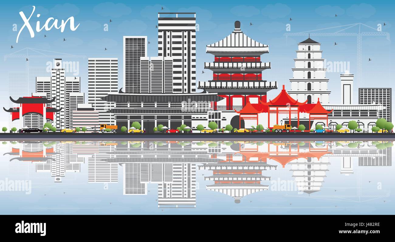 Xian avec toits de bâtiments gris, ciel bleu et des réflexions. Vector Illustration. Les voyages d'affaires et tourisme Concept avec l'architecture historique. Illustration de Vecteur
