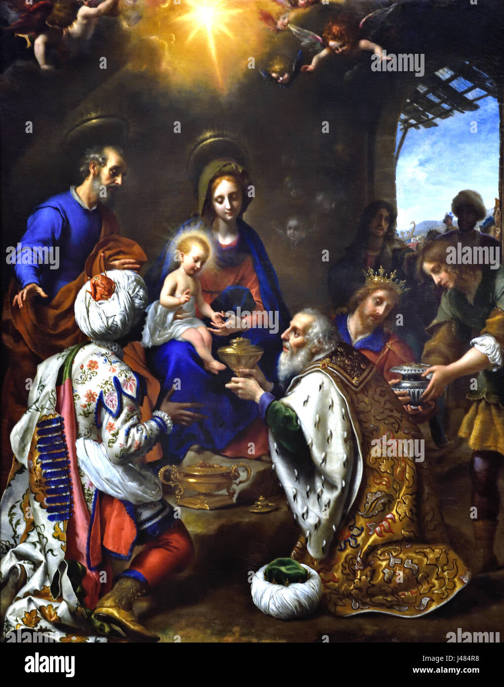 L'Adoration des Rois 1649, Carlo Dolci 1616 - 1686 Italie Italien ( les trois Rois, dans des robes opulentes, s'agenouillent devant la Vierge pour présenter leurs dons à l'enfant Christ sur son genou, qui les bénit en retour. Les dons d'or des Rois sont exécutés en peinture, tandis que l'or des halos de la sainte famille sont en or réel (coquille), comme l'est la lumière rayonnant de l'enfant Christ. Banque D'Images