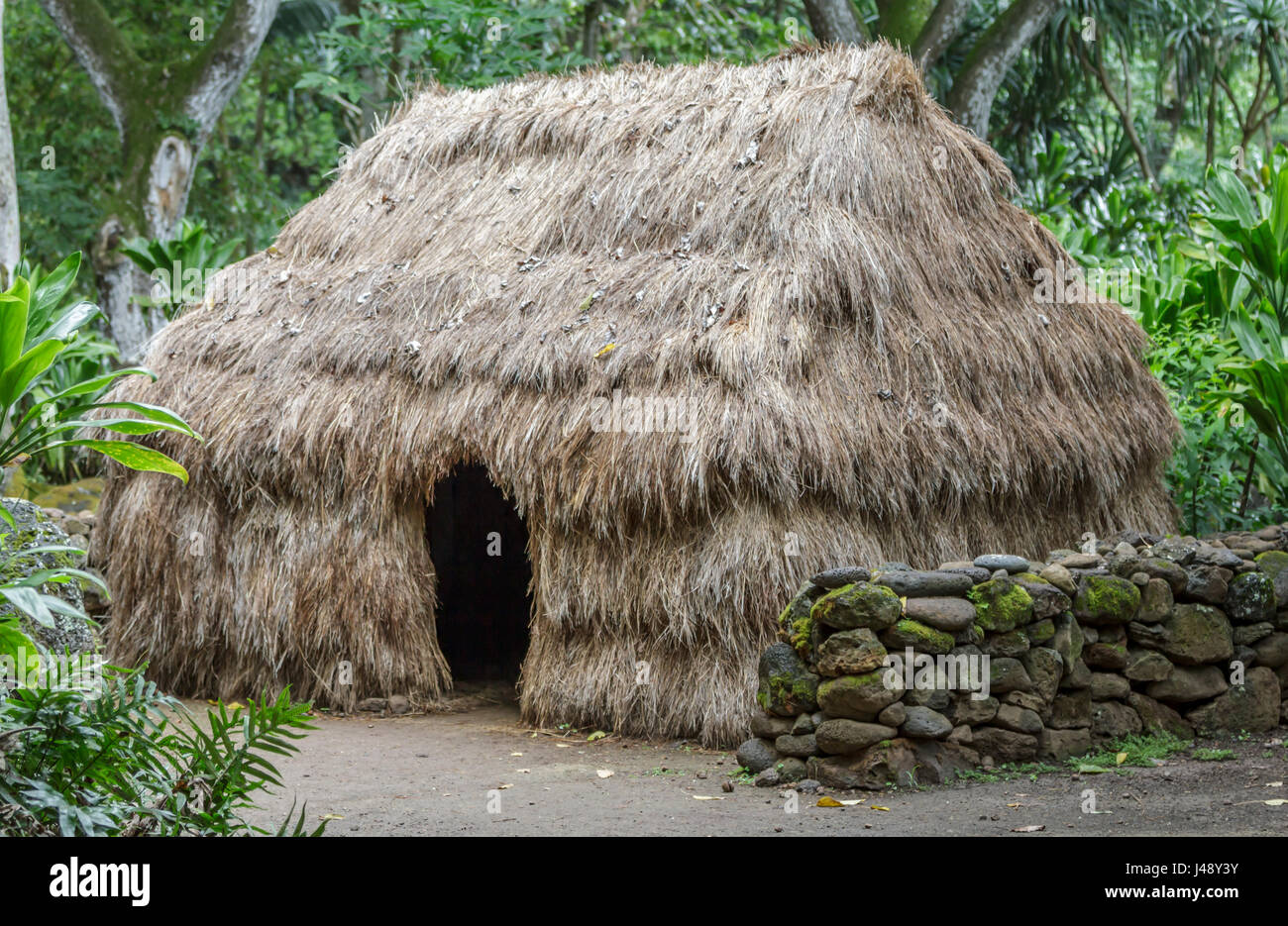 Oahu Waimea Valley, le 23 septembre 2012, une petite hutte hawaïenne native style projet construit par des enfants des écoles locales Banque D'Images