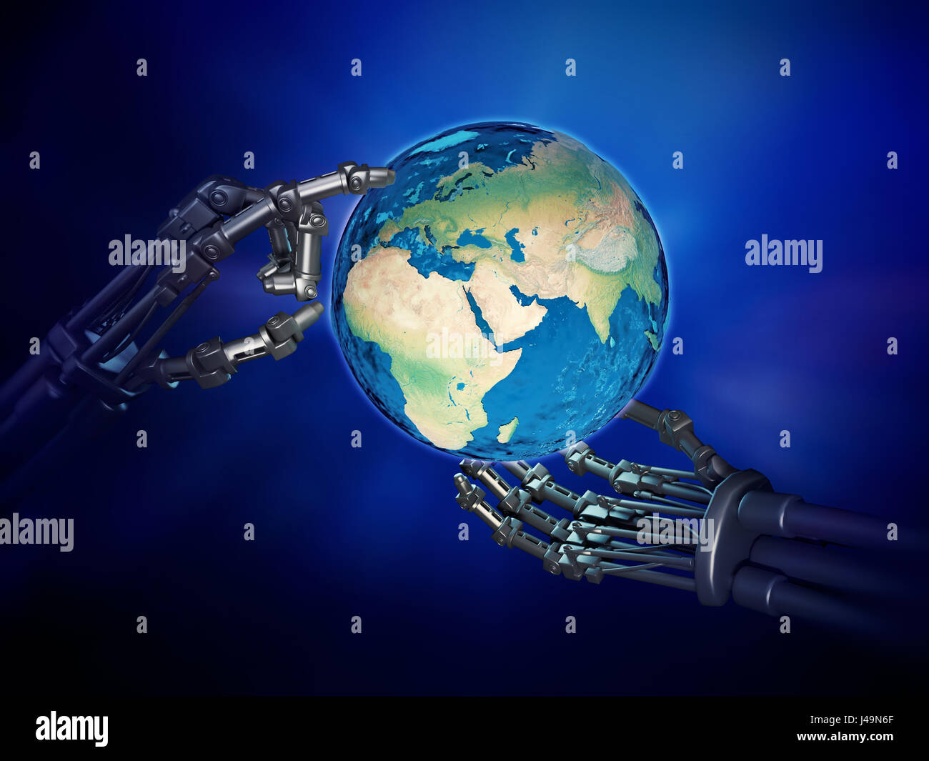 Un robot tenant un globe- la robotique technologie concept 3D illustration Banque D'Images
