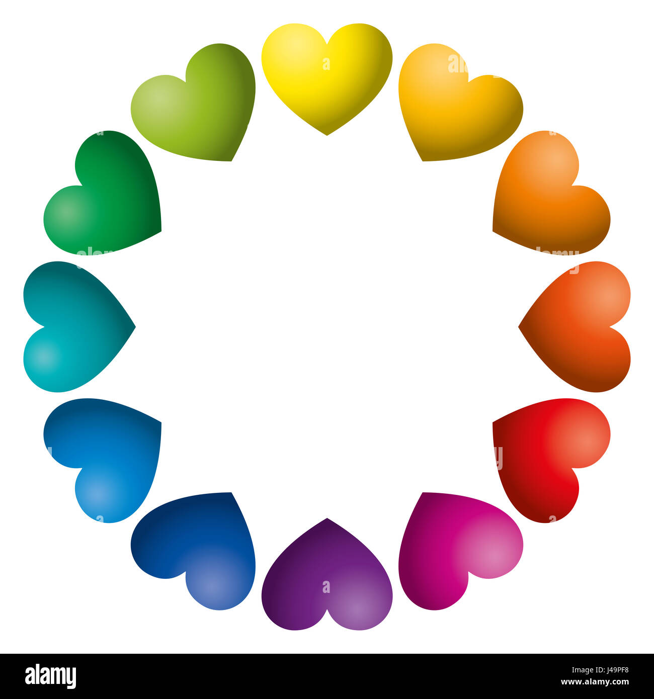 Couleur arc-en-ciel coeurs disposés en cercle. Douze symboles en couleur unique en teintes. Illustration isolé sur fond blanc. Banque D'Images