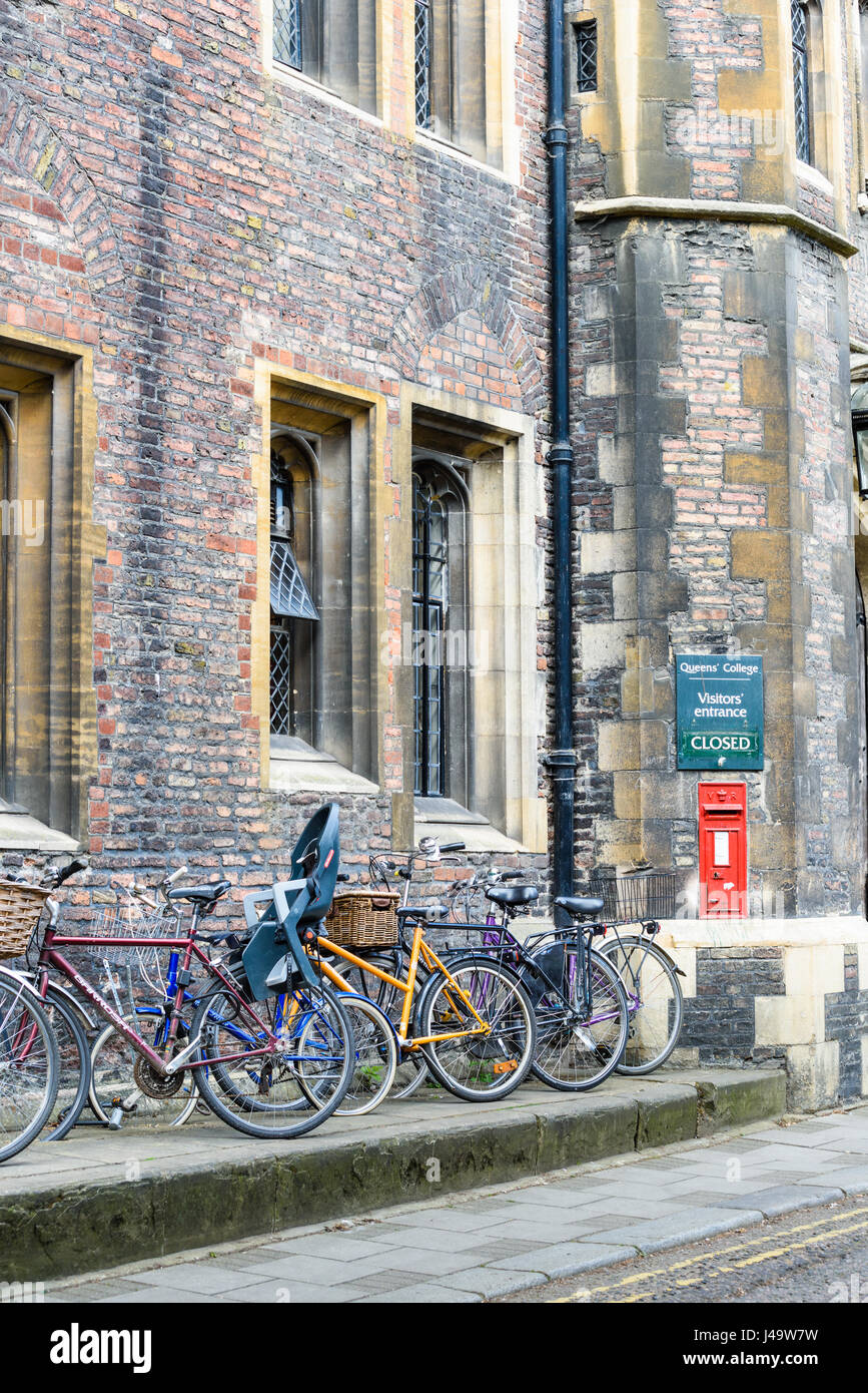Rangée de vélos garés contre le mur à côté de l'entrée des visiteurs à Queen's College à l'université de Cambridge, Angleterre, Grande-Bretagne. Banque D'Images