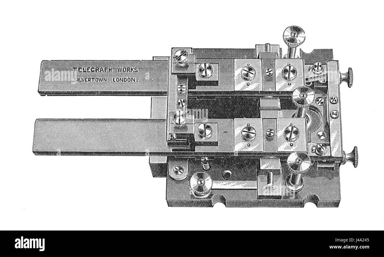 La touche télégraphique à pédale, présentée dans 'Electrical installations, vol V' de Rankin Kennedy (1903), était un dispositif utilisé en télégraphie pour transmettre du code Morse. Son mécanisme de pédale permettait aux opérateurs d'envoyer des messages en appuyant sur la pédale pour établir le contact et transmettre des signaux. Banque D'Images