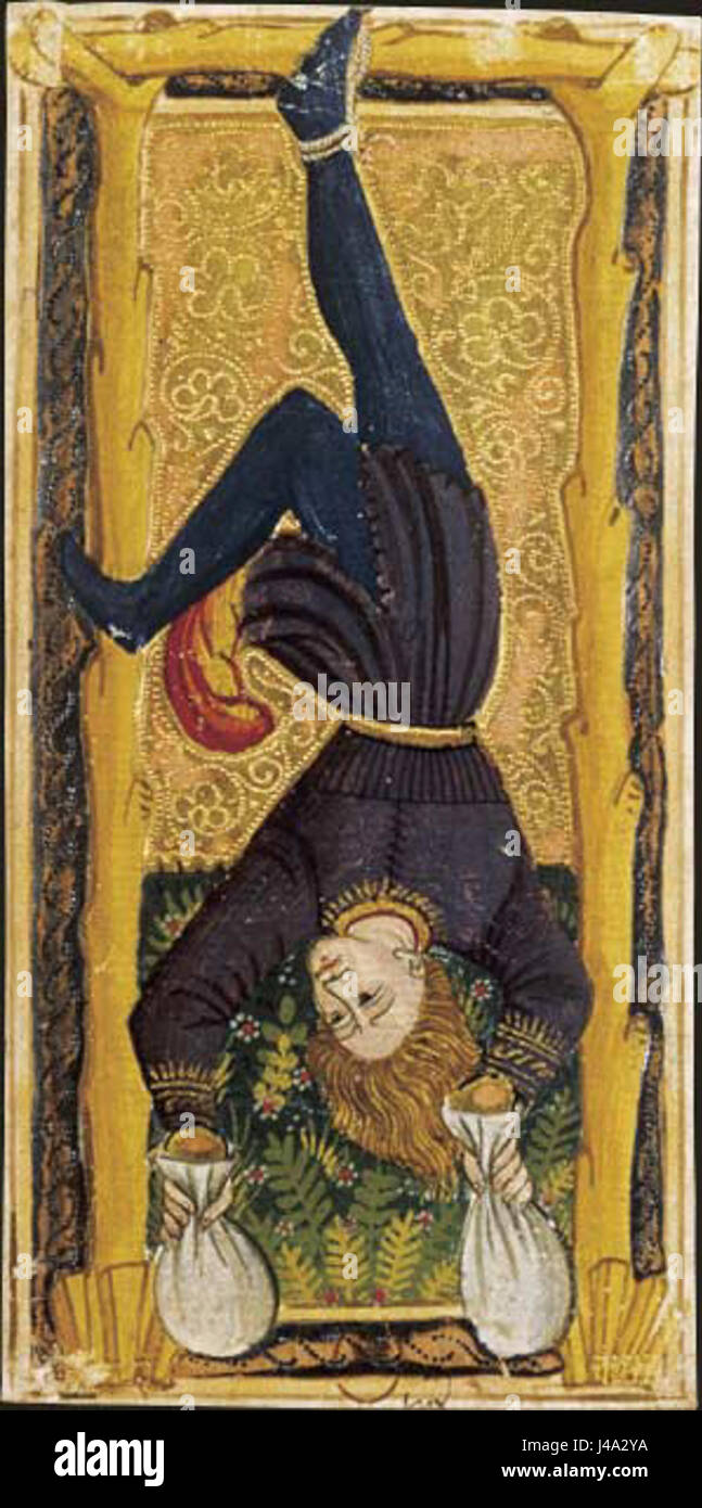 Le *pendu Tarot* fait partie d'un jeu de cartes de tarot conçu par Charles, représentant l'image symbolique de l'homme pendu, une carte associée à la suspension, à l'introspection et à l'illumination spirituelle. Banque D'Images