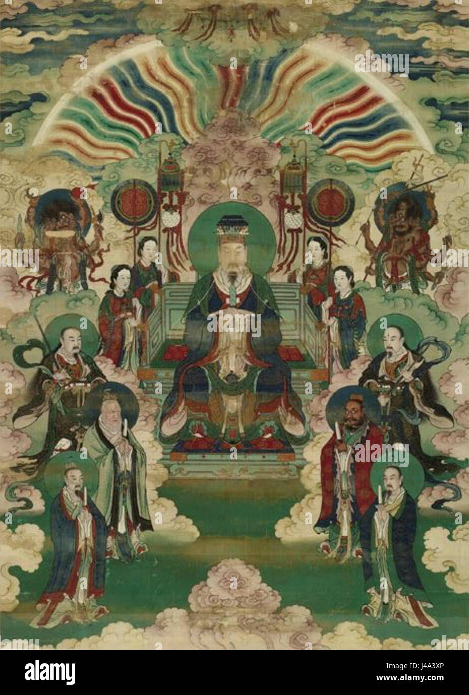 L'empereur de Jade est une figure importante de la mythologie et de la religion chinoises, considérée comme la divinité suprême qui supervise le ciel. Les Rois célestes sont ses gardiens et protecteurs, souvent représentés en chinois traditionnel Ces portraits représentent la hiérarchie divine et offrent un aperçu des croyances religieuses et des traditions artistiques chinoises. Banque D'Images