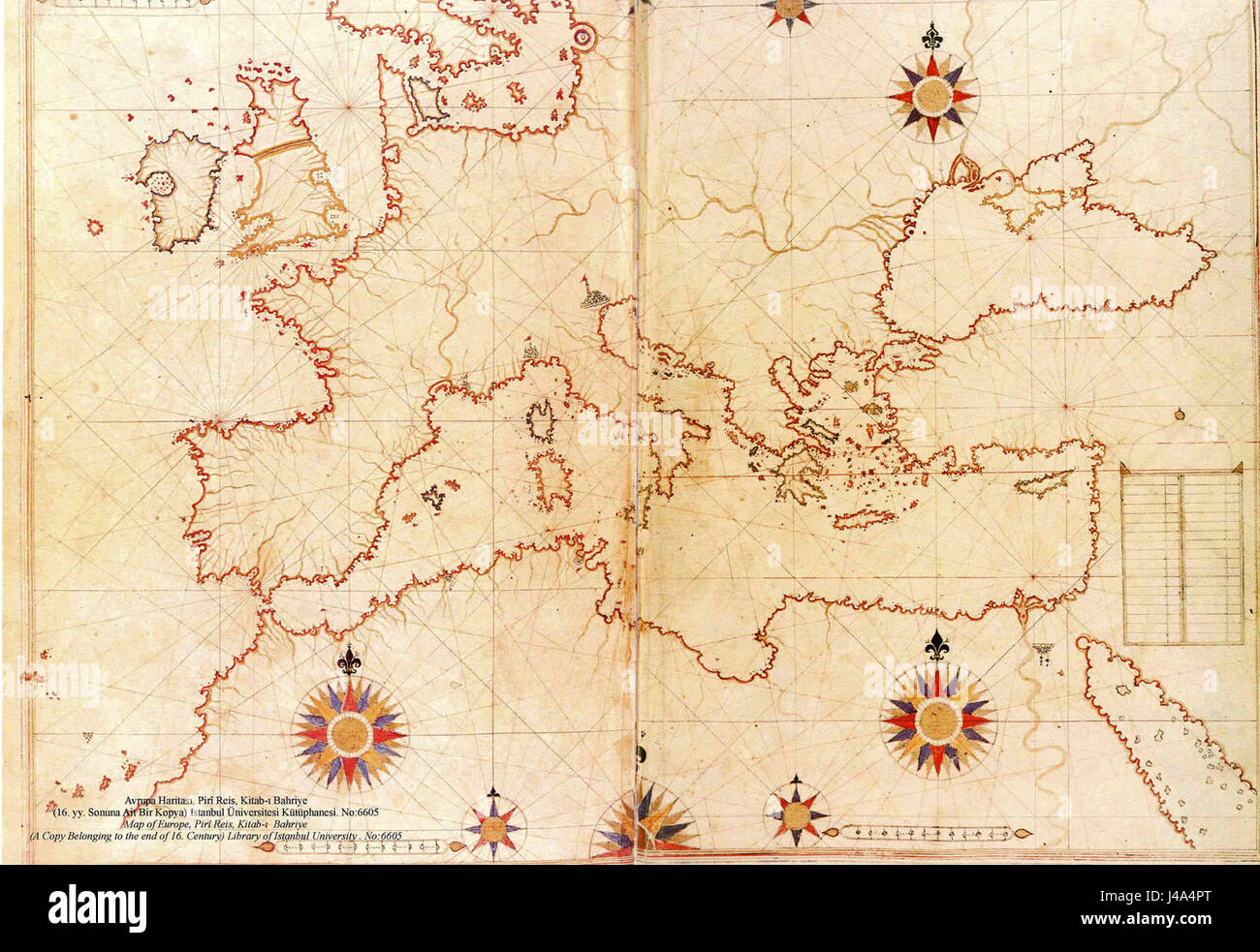 La carte Piri Reis, créée par l'amiral ottoman et cartographe Piri Reis en 1513, représente des parties de l'Europe et de la mer Méditerranée avec une précision remarquable pour l'époque. La carte est importante dans l'étude de la navigation précoce et de la cartographie. Banque D'Images