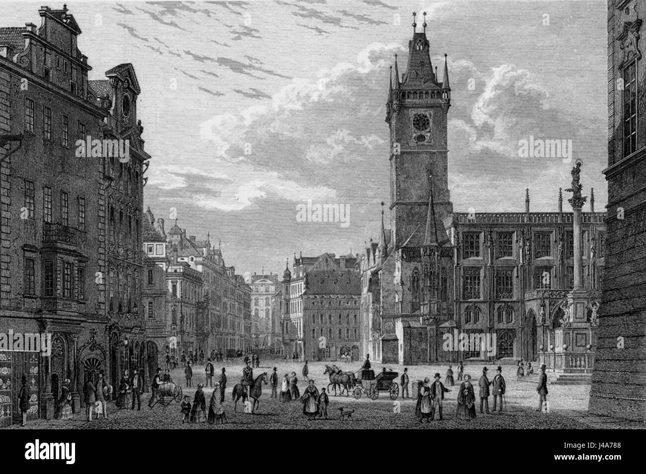 Praha Staromestske namesti, ou place de la vieille ville de Prague, vers 1835, était un centre animé de commerce et de culture. Ce quartier historique de Prague est connu pour son architecture médiévale, et la place a été un point central de l'histoire de la ville pendant des siècles. Banque D'Images
