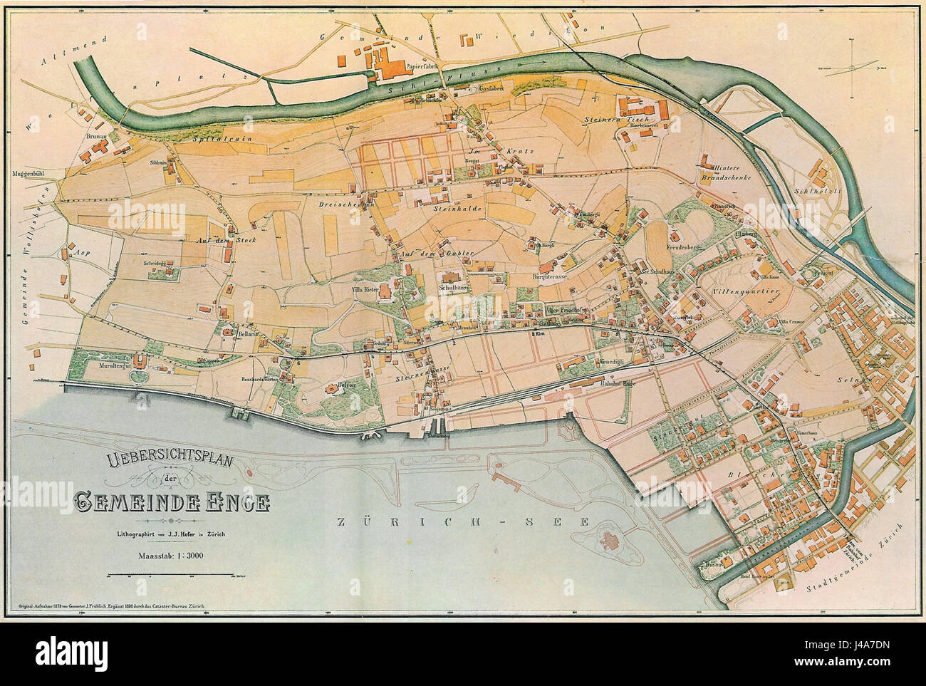 Un plan ou une carte de 1878 à 1880, illustrant probablement la disposition et le développement d'une zone spécifique, connue sous le nom d'Enge. Ce document fournit le contexte historique de la planification urbaine et de l'utilisation des terres à la fin du XIXe siècle. Banque D'Images