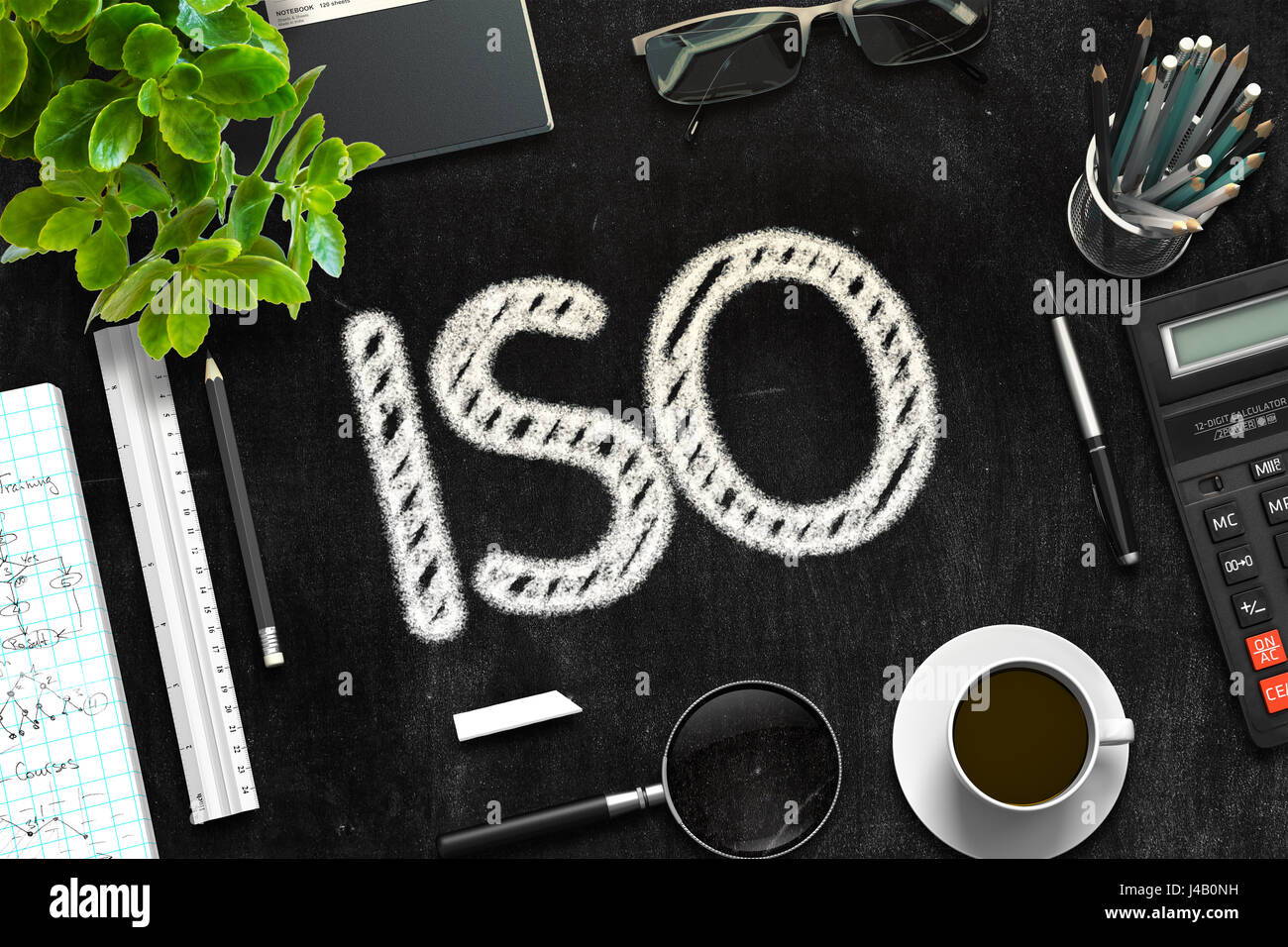 Tableau noir avec l'ISO. Le Rendu 3D. Banque D'Images