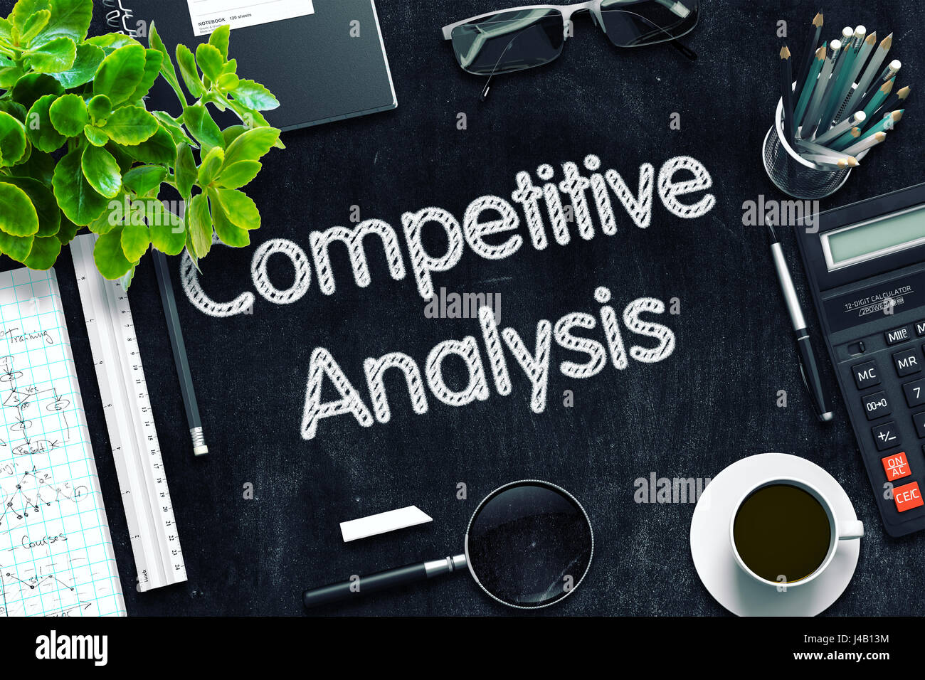 Tableau noir avec l'analyse concurrentielle. Le Rendu 3D. Banque D'Images