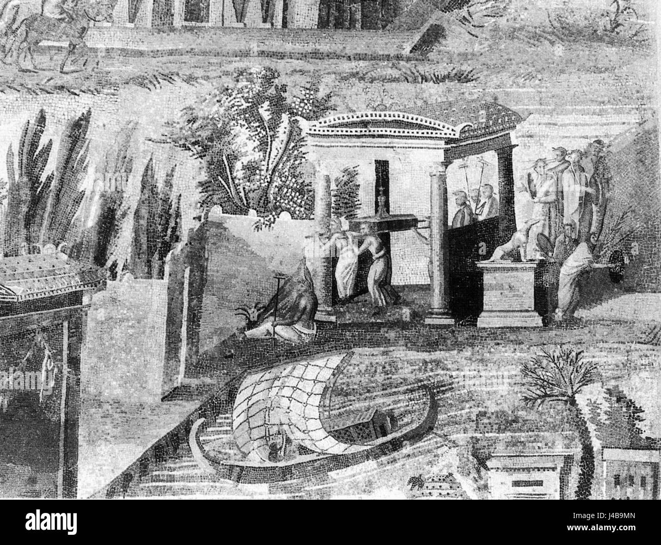 La mosaïque du Nil de Praeneste est une œuvre d'art romaine du 1er siècle avant notre ère. Il représente des scènes liées au Nil, avec des sections 16 et 20 présentant des images historiques et mythologiques importantes. Banque D'Images