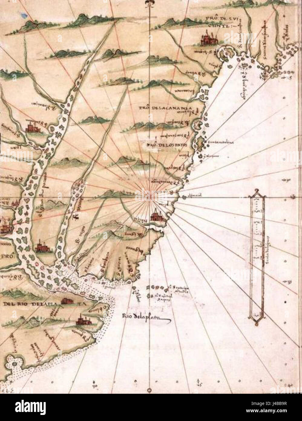 Une carte historique ou représentation du Rio de la Plata, attribuée à Alonso de Santa Cruz, montrant cette importante voie navigable sud-américaine pendant la période coloniale espagnole. Banque D'Images