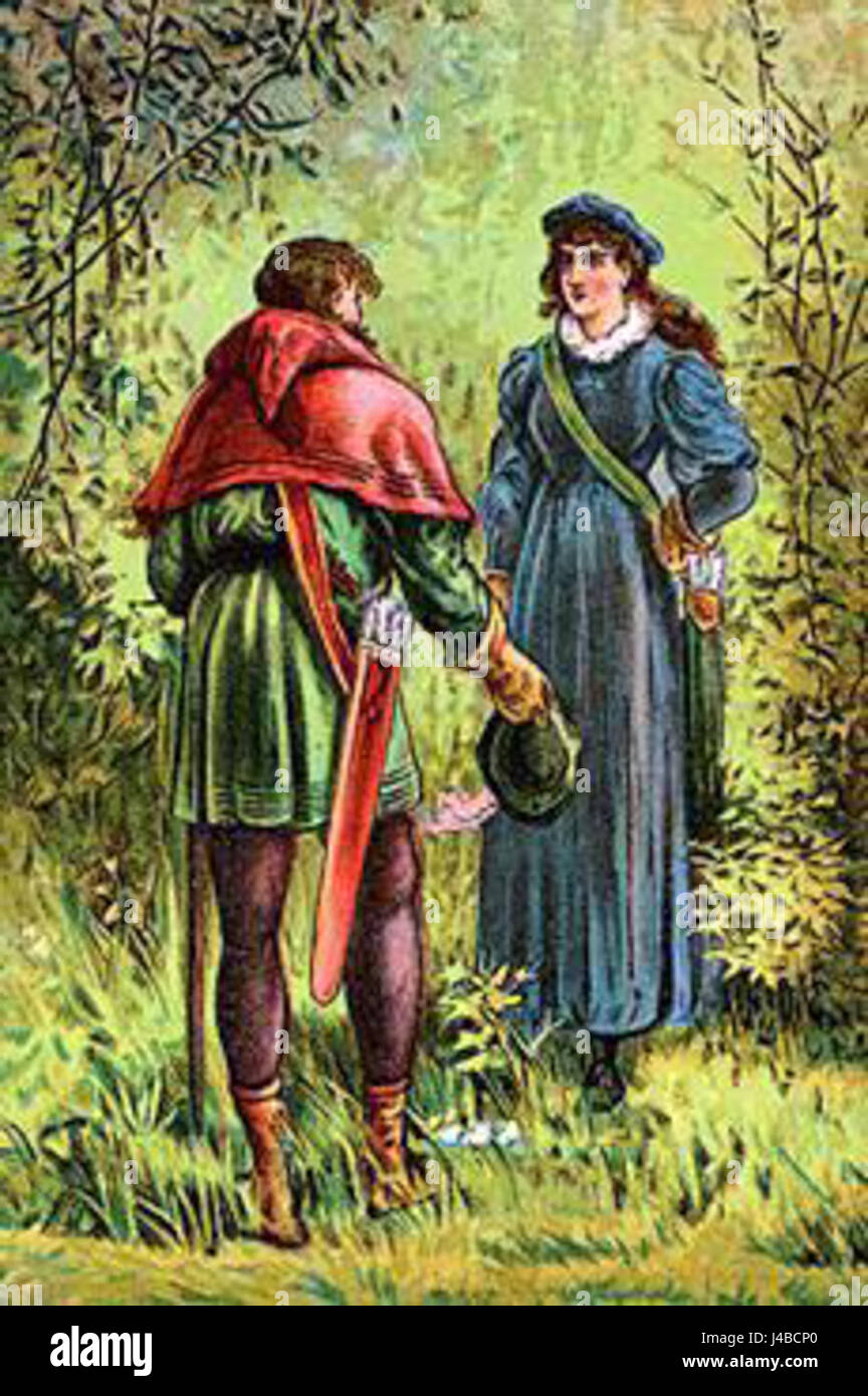â€˜Robin des bois et Maid Marianâ€™ fait référence aux figures légendaires du folklore anglais, souvent représentées dans des contes de bravoure, de justice et de rébellion. Les personnages sont au cœur de la légende de Robin des bois, où Robin des bois, un hors-la-loi, se bat pour la justice, souvent avec Maid Marian à ses côtés. Banque D'Images
