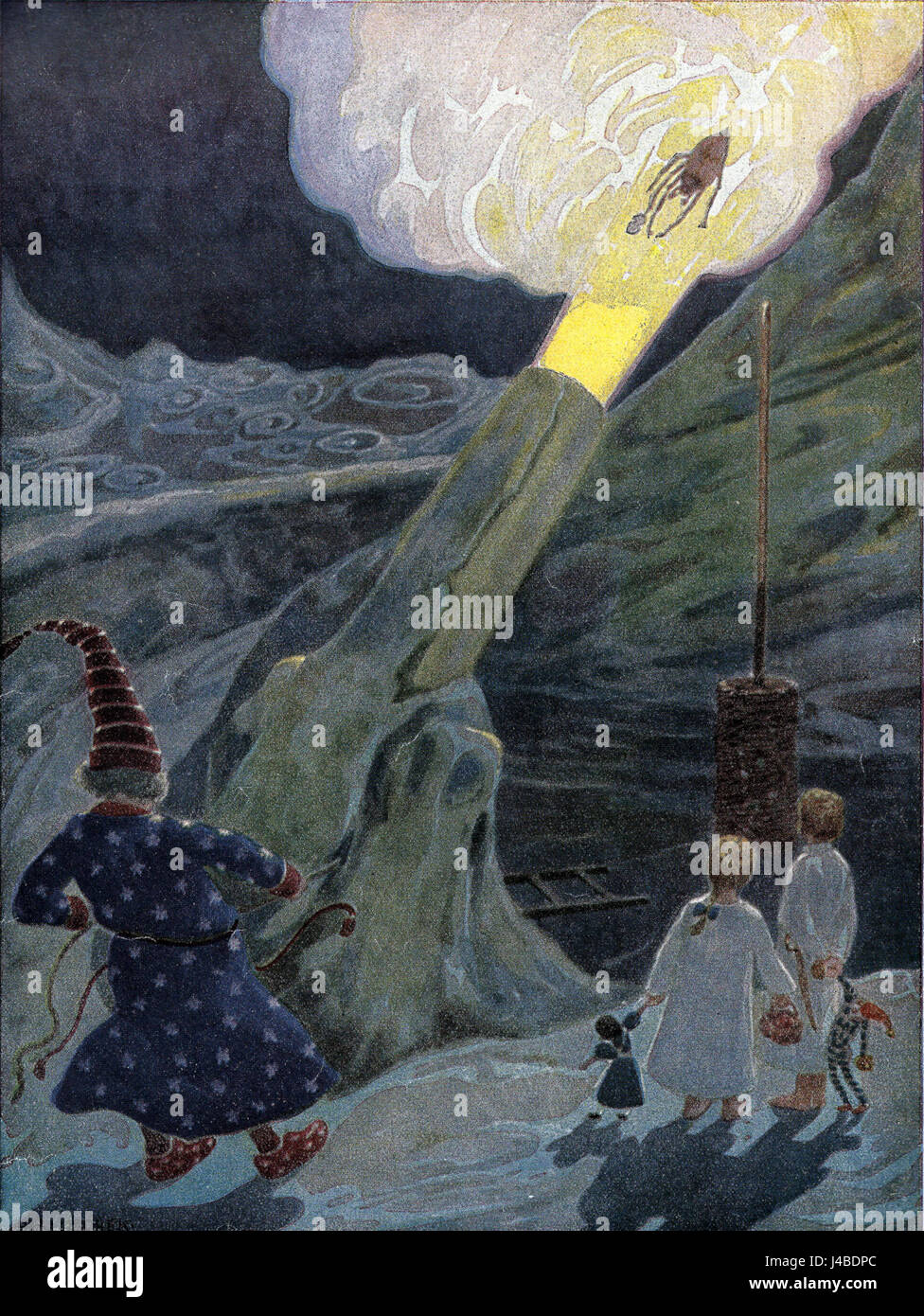 Peterchens Mondfahrt (le voyage de Pierre sur la Lune) est un livre allemand pour enfants illustré par Hans Bartuschek. L'histoire met en scène un canon lunaire fantastique qui lance les personnages dans une aventure. Il reflète l'imagination et la créativité de la littérature allemande du début du XXe siècle. Banque D'Images