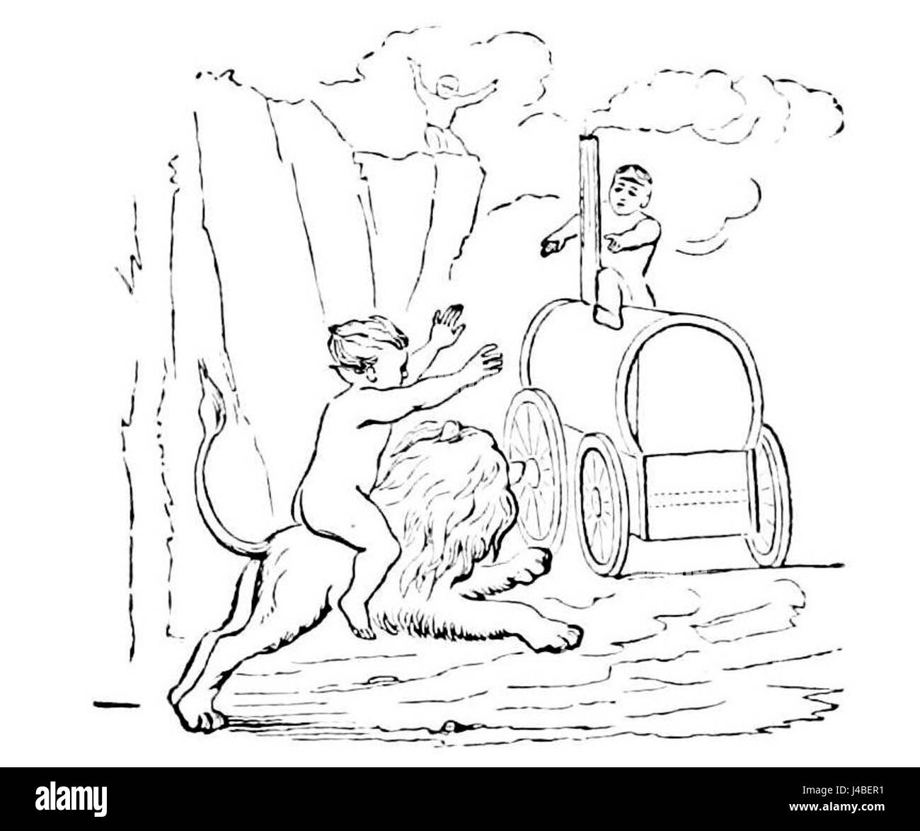 Cette image de PSM V12 D294 montre des garçons interagissant avec un lion et une machine à vapeur. La combinaison de la faune et de la machinerie industrielle met en évidence l'intersection de la nature et de la technologie à l'époque. Banque D'Images
