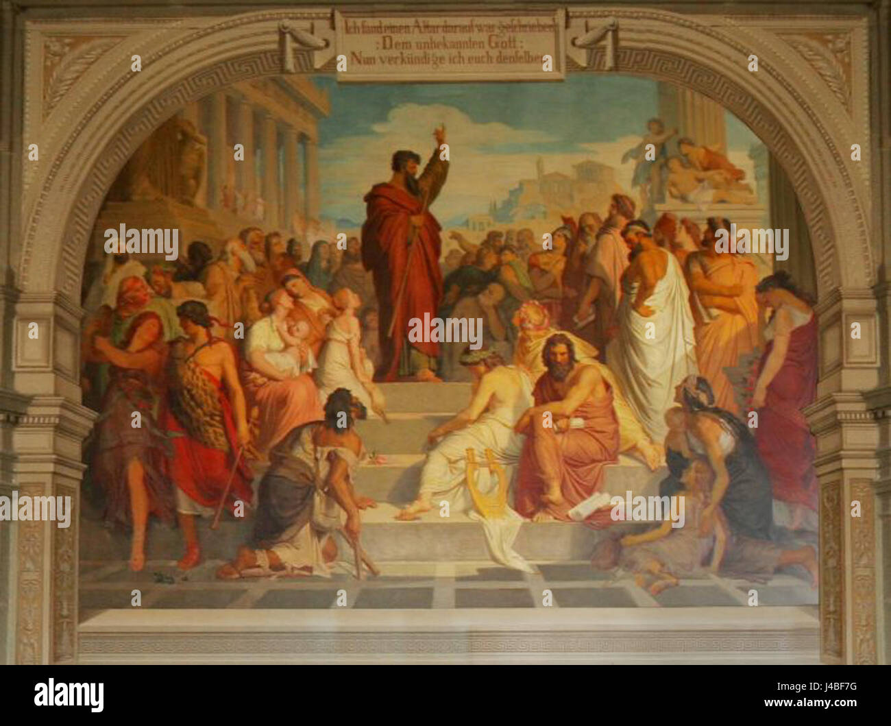 Paulus predigt in Athen fait référence à une représentation de l'apôtre Paul prêchant à Athènes. Cet événement fait partie de l'histoire religieuse chrétienne et est illustré ici dans l'Aula des Johanneums à Zittau, en Allemagne. Banque D'Images