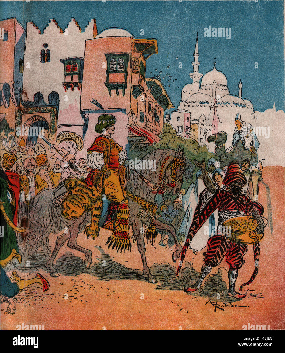 Cette illustration est tirée de la version du célèbre illustrateur français Albert Robidaâ€™ de 'Aladin'. Il capture le monde fantaisiste et fantastique d'Aladin, connu pour sa représentation imaginative des personnages et des décors, mêlant aventure et fantaisie. Banque D'Images