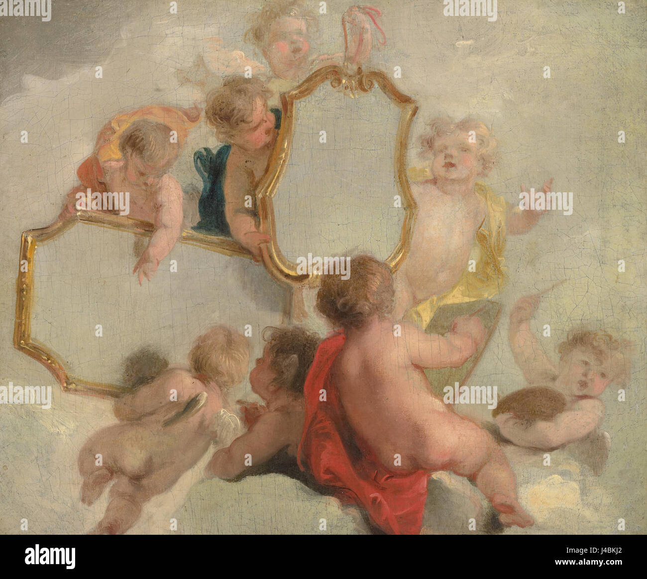 Cette œuvre du Rijksmuseum présente *Putti met spiegels*, ou *Putti avec miroirs*. La peinture remonte probablement à la période baroque, où les putti, souvent des figures chérubiennes, sont représentés avec des miroirs réfléchissants, un symbole commun dans les Banque D'Images