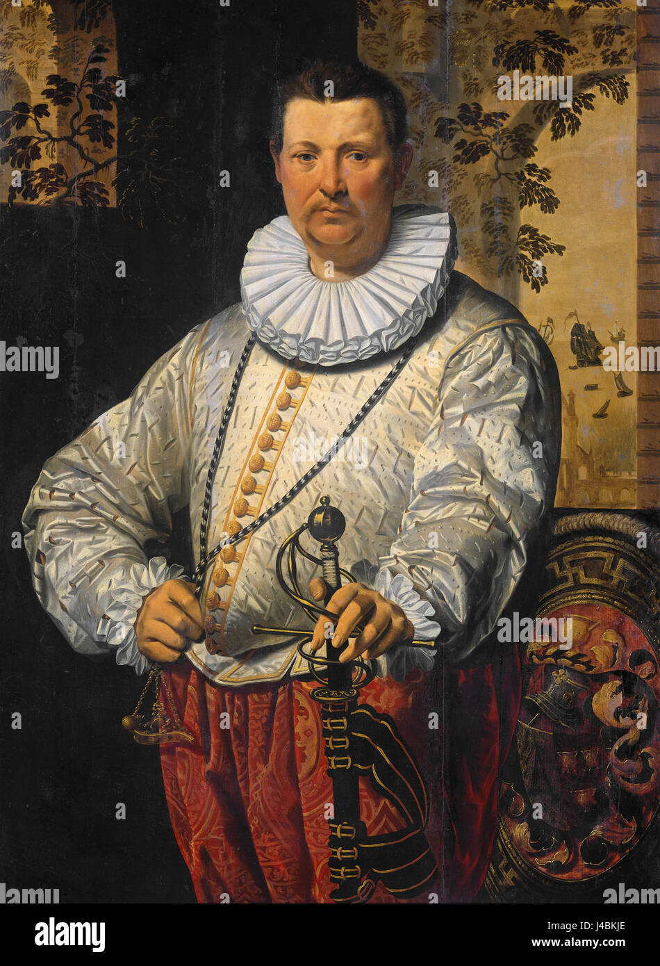 Ce portrait tiré du Rijksmuseum représente un commandant de la flotte néerlandaise, une figure clé de l'histoire navale. Le travail capture la présence et la tenue de commandement de l'officier, reflétant le leadership naval de l'époque et la force maritime néerlandaise. Banque D'Images