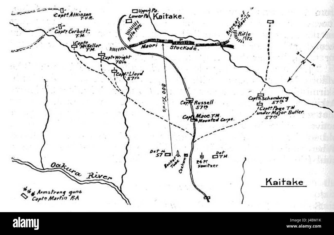 Le plan de l'attaque contre Kaitake, daté de 1864, décrit la stratégie militaire lors d'un engagement important dans les guerres de Nouvelle-Zélande, mettant en évidence les mouvements de troupes et les objectifs clés. Banque D'Images