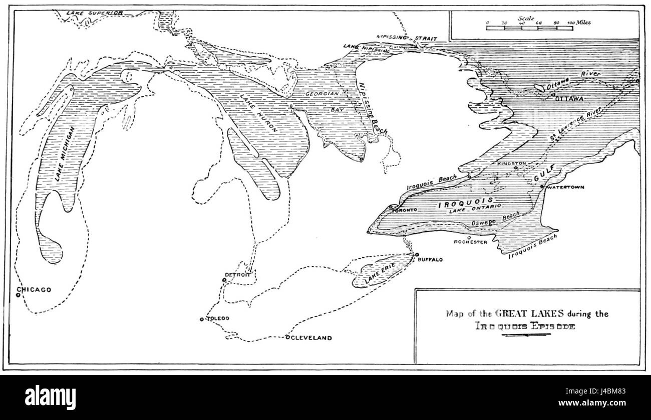 Cette carte, publiée dans l'édition PSM V49 D184, représente les premiers grands Lacs d'Amérique du Nord. Il donne un aperçu de la disposition géographique et de la compréhension historique de la formation des lacs. Banque D'Images