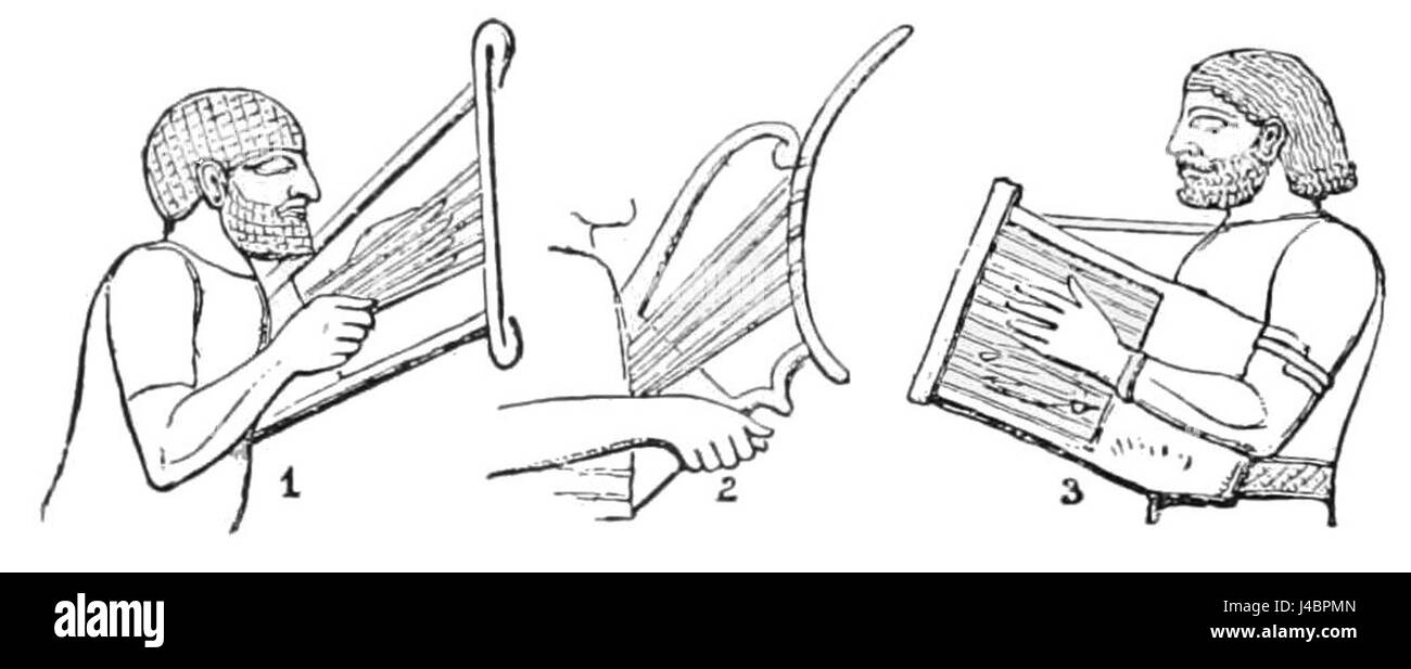 Les lyres assyriennes présentées dans *PSM V40 D492* sont des instruments à cordes anciens, mettant en valeur la culture musicale de l'Empire assyrien. Ces instruments reflètent l'artisanat sophistiqué et les traditions musicales de l'ancienne Mésopotamie. Banque D'Images
