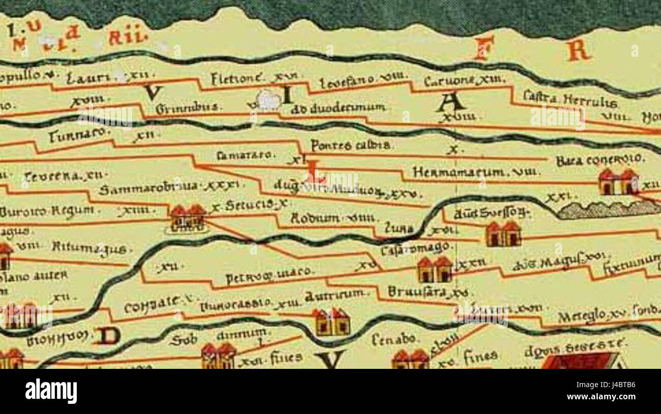 La carte de Peutinger (Tabula Rogeriana) est une carte médiévale du monde qui dépeint le monde connu de l'Empire romain et au-delà. Casaromago se réfère probablement à un endroit ou à une caractéristique spécifique sur la carte, illustrant la géographie des temps anciens. Banque D'Images