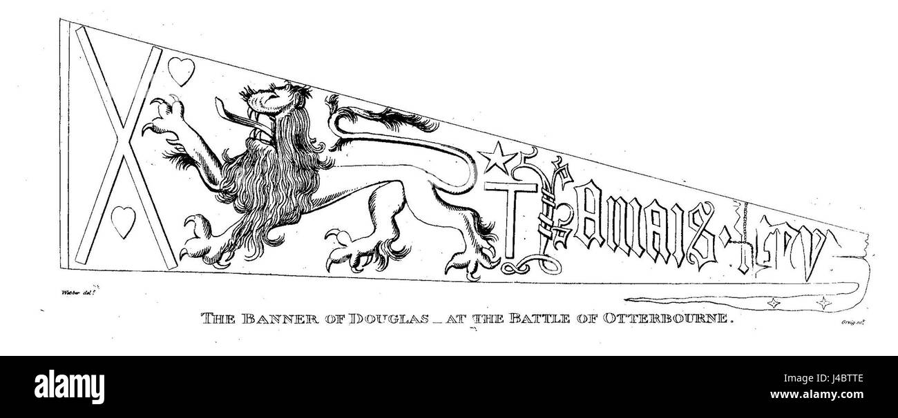 Il s'agit du pennon, un drapeau héraldique, de James Douglas, comte de Moray, associé à la bataille d'Otterburn en 1388, un conflit important dans l'histoire écossaise. Banque D'Images