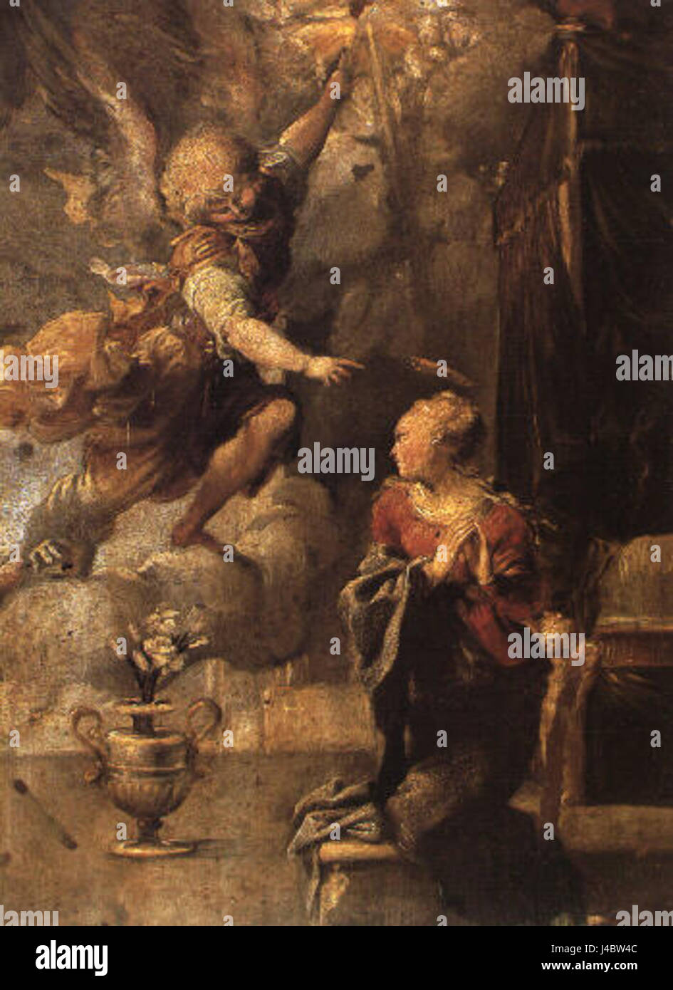 Annunciazione (Annonciation) de Pietro Faccini est une peinture de la Renaissance représentant l'annonce biblique de la naissance de Jésus à la Vierge Marie. La pièce est un exemple de l'art de la Renaissance italienne, mettant en valeur l'iconographie religieuse et la composition classique. Banque D'Images