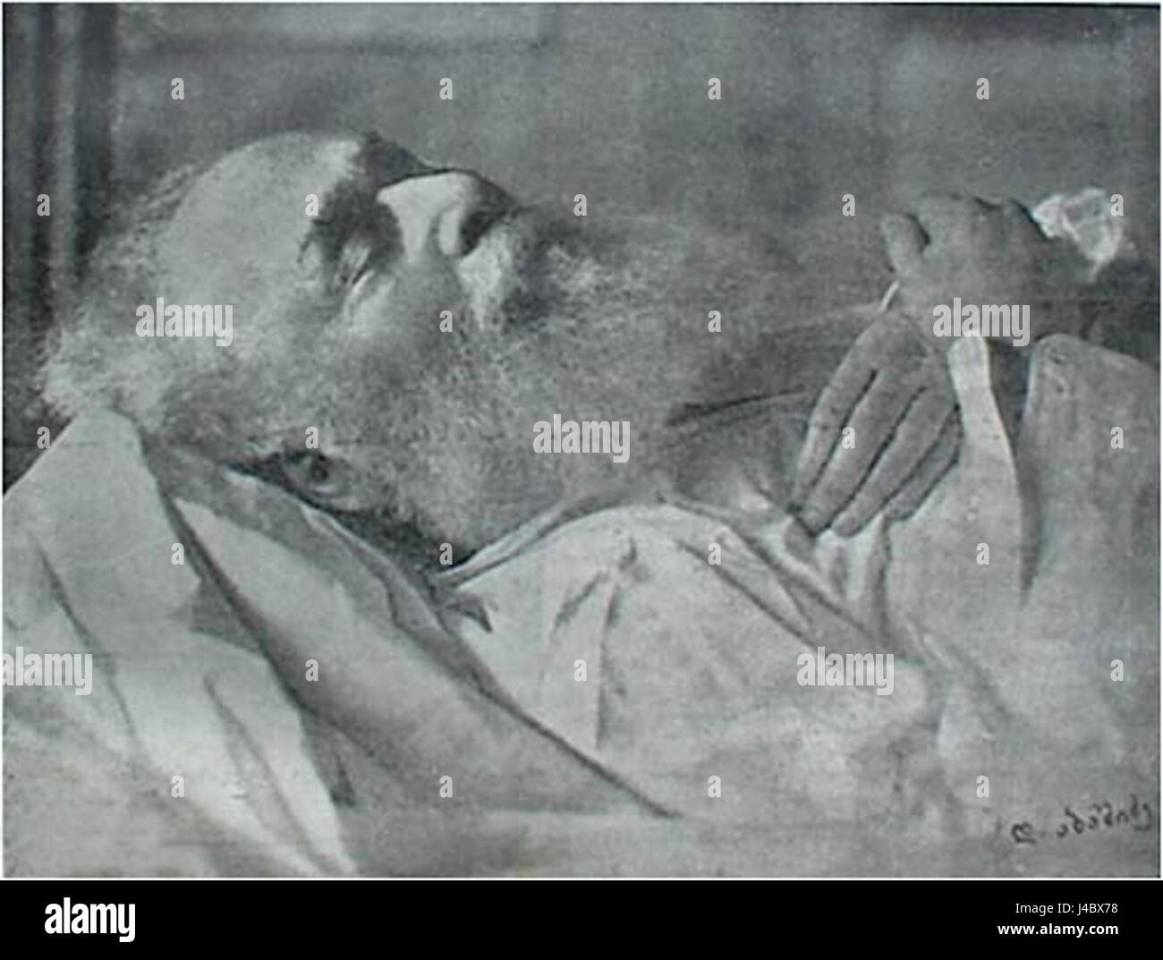 Cette photographie montre le poète géorgien Akaki Tsereteli sur son lit de mort à Sachkhere, prise en 1915. Tsereteli est connu pour ses contributions à la littérature géorgienne et son rôle dans le renouveau culturel de la Géorgie. Banque D'Images