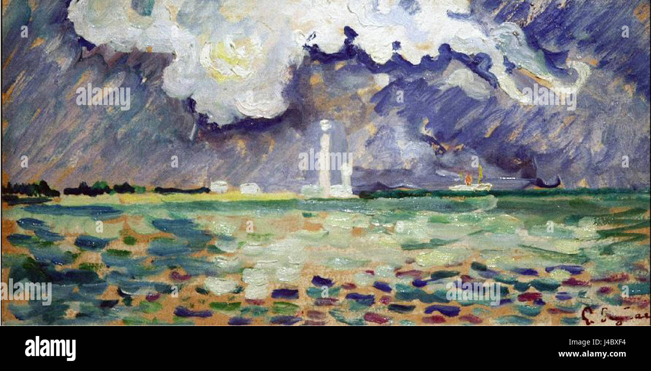 Une peinture de Paul Signac intitulée « le Phare de Gatteville », représentant le phare de Gatteville, mettant en valeur le style pointillisme de Signac et la scène côtière. Banque D'Images