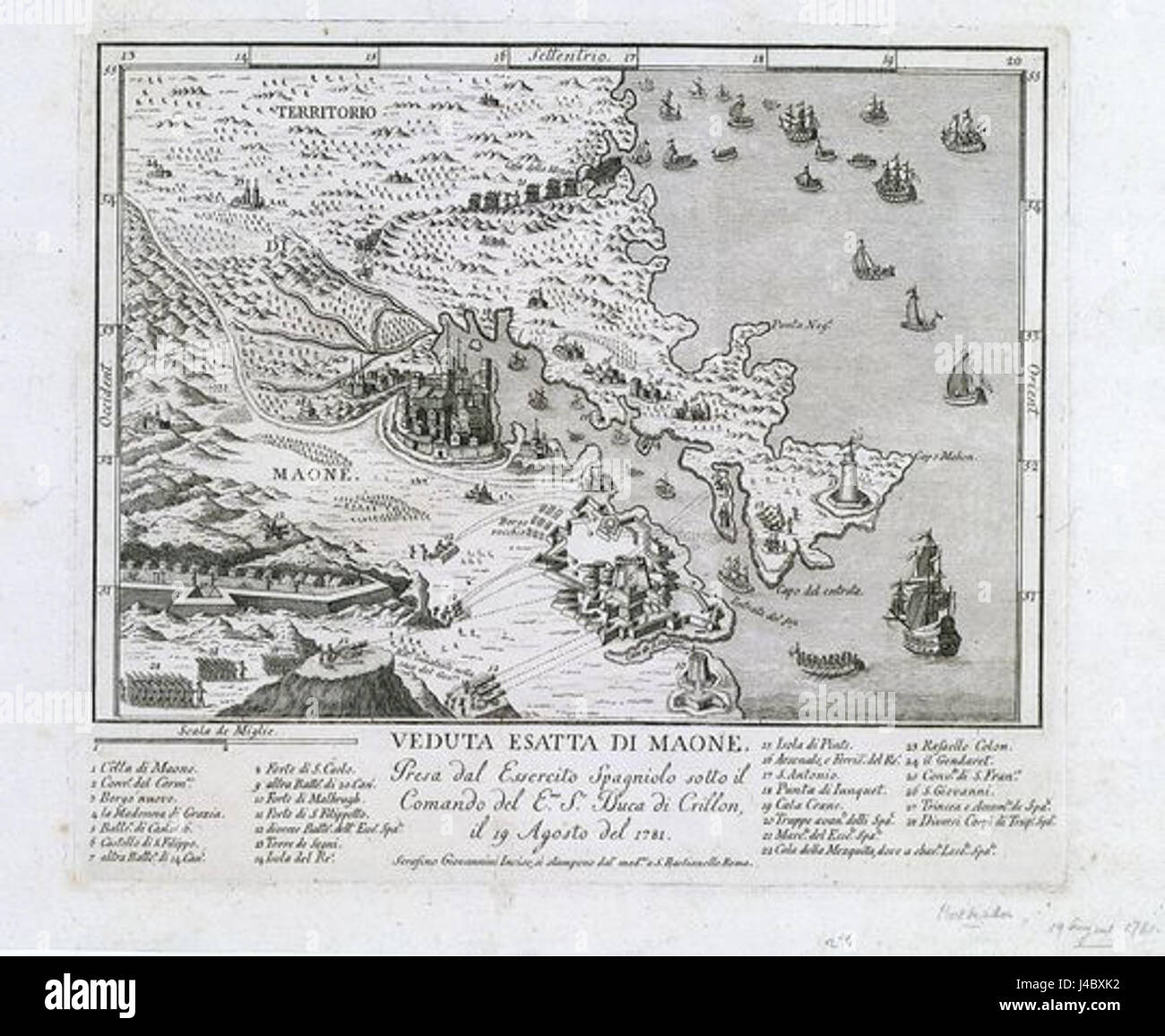 Port Mahon, situé sur l'île de Minorque, en Espagne, a joué un rôle important dans l'histoire navale. La référence à 1781 indique un événement important, probablement lié à des activités militaires ou commerciales dans le port pendant cette période. Banque D'Images