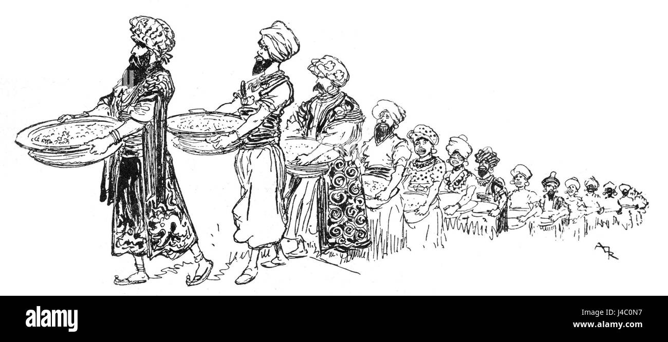 Une illustration du travail de l'artiste français Albert Robida du XIXe siècle, représentant une scène de l'histoire d'Aladdin, mettant en valeur son travail au trait détaillé et son imagination vibrante. Banque D'Images Une illustration du travail de l'artiste français Albert Robida du XIXe siècle, représentant une scène de l'histoire d'Aladdin, mettant en valeur son travail au trait détaillé et son imagination vibrante. Banque D'Images