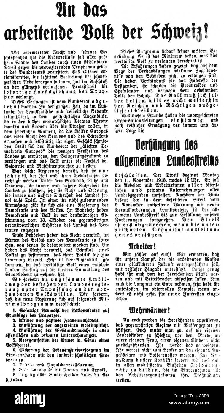 Affiche de la grève générale suisse (Landesstreik) du 11 novembre 1918. L'image sert de dossier historique du mouvement ouvrier en Suisse. Banque D'Images