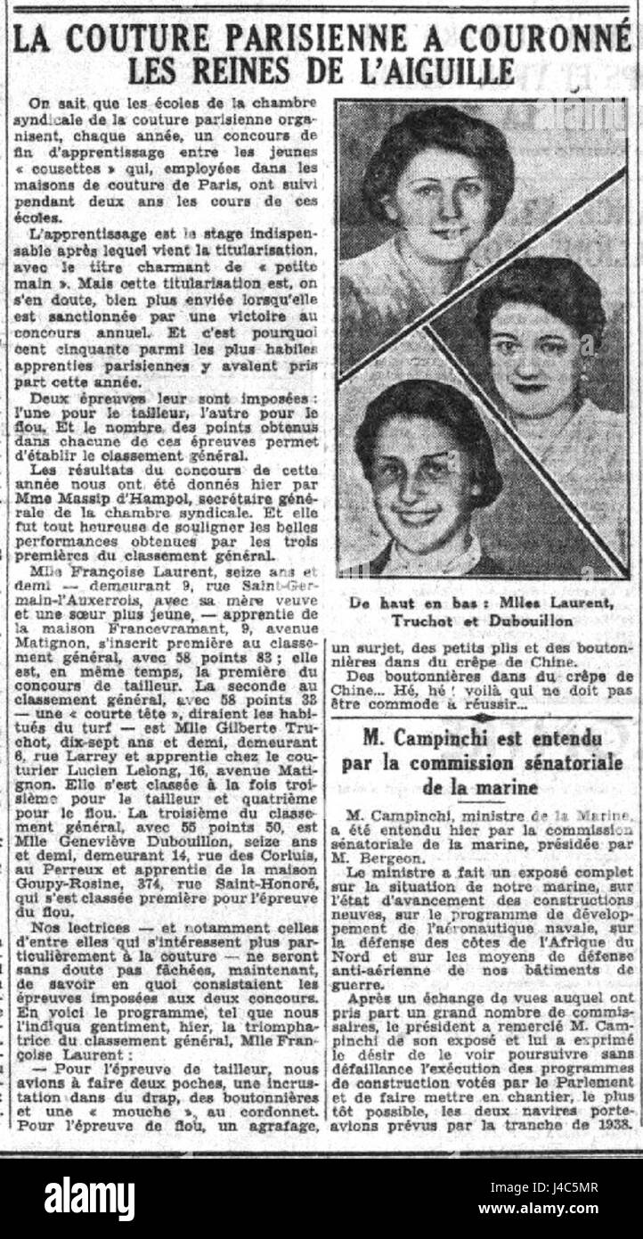'Reines de l'aiguille' de 1937 est une illustration de la mode française qui capture l'élégance de la mode féminine à l'époque. Il reflète l'influence art déco et la sophistication du design des années 1930. Banque D'Images