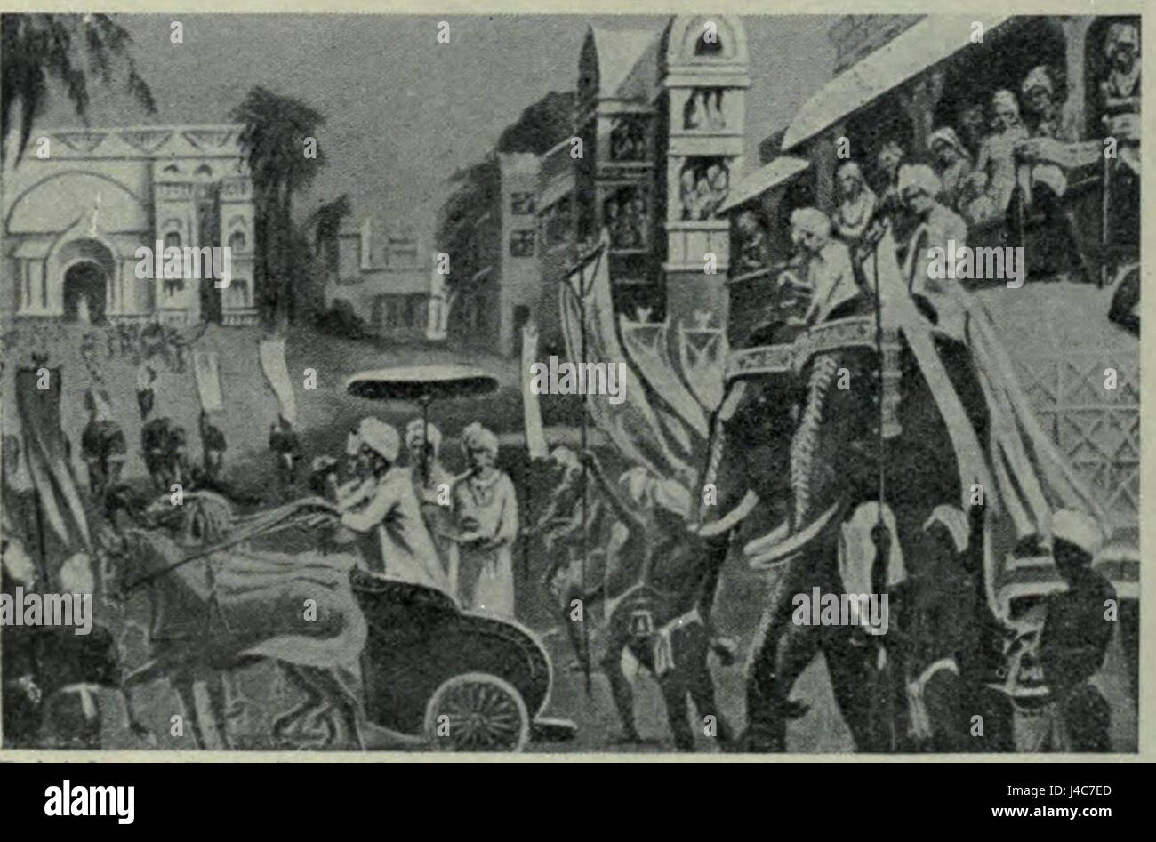Prasenajit, le roi de Kosala, a fait une visite notable dans une autre région, soulignant ses engagements diplomatiques pendant son règne dans l'Inde antique. Banque D'Images